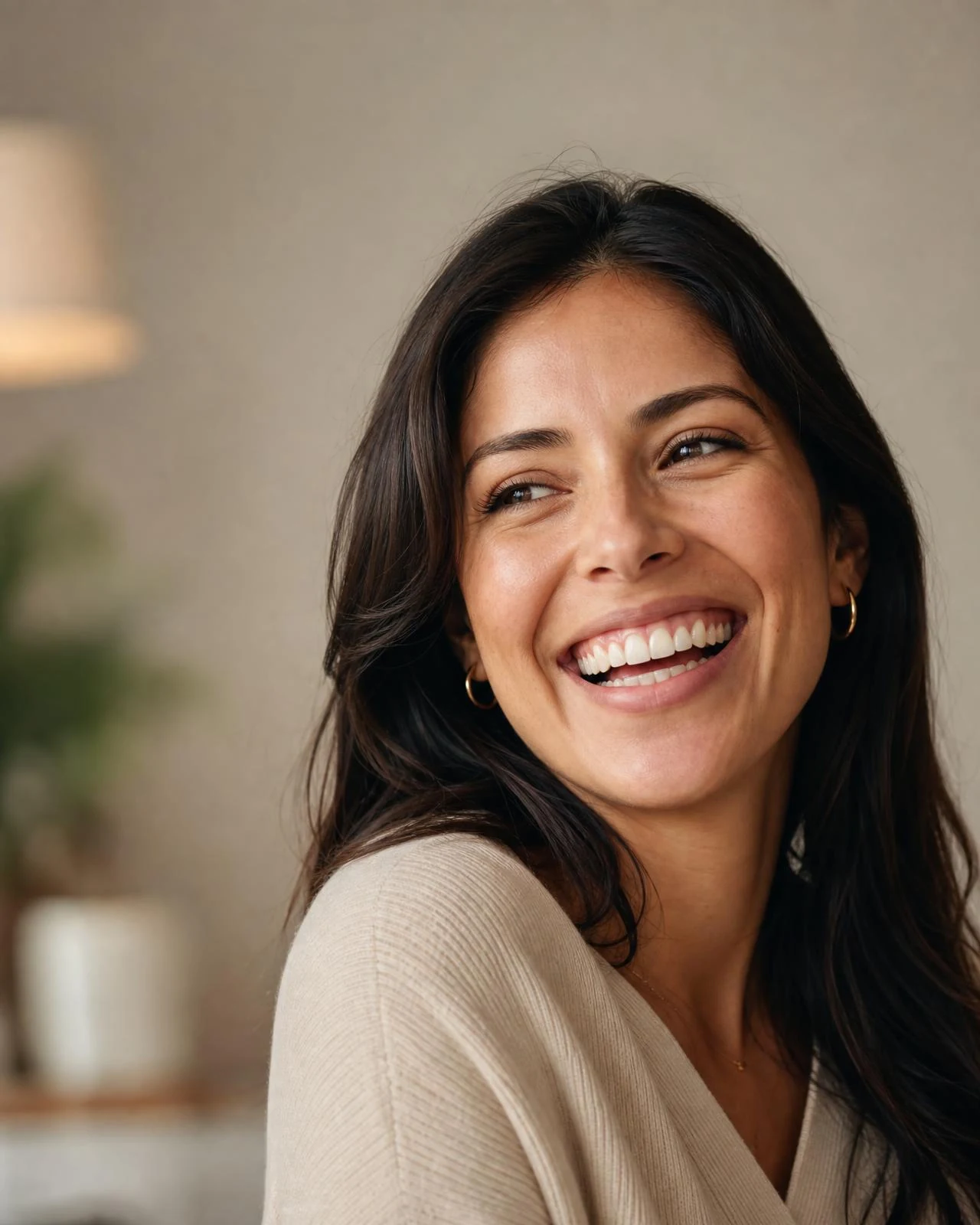 Mujer sonriendo con una sonrisa saludable y natural